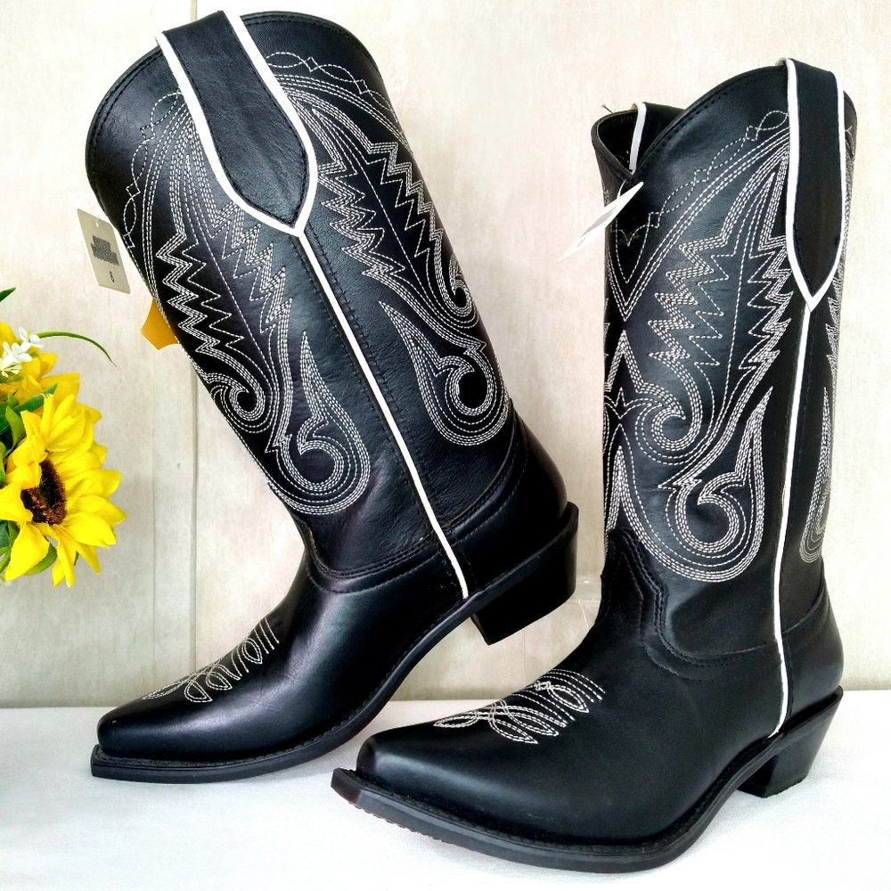 Black Embroidered Heeled Boots